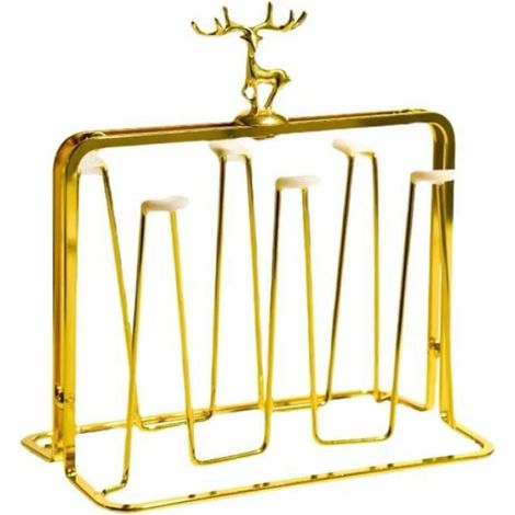 Égouttoir À Tasses - Égouttoir À Bouteilles - Organisateur Métal Pour Séchage De Verres Et Gobelets - 6 Emplacements - Dimensions 235 x 135 x 245 mm - Doré (1/4)