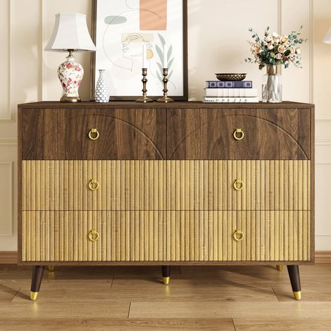 Buffet 120 x 40 x 81 cm effet bois bicolore, 6 tiroirs, poignées dorées et pieds en bois, meuble de rangement style rétro (1/5)