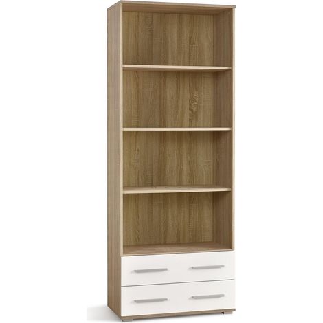 Estantería Cirveso 108, Roble Sonoma + Blanco brillante, Con cajones, Abierto, Aglomerado laminado, Número de puertas: 0, Número de cajones: 2, 200x77x40cm