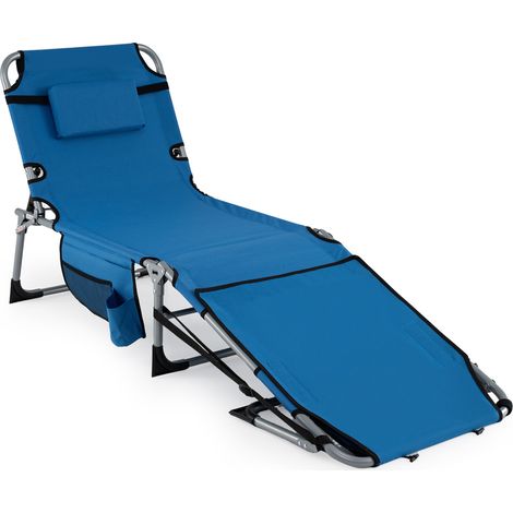 Chaise de bronzage bleue pliable en métal avec ouvertures visage et bras, dossier réglable et sangle pour plage, piscine et jardin (1/5)