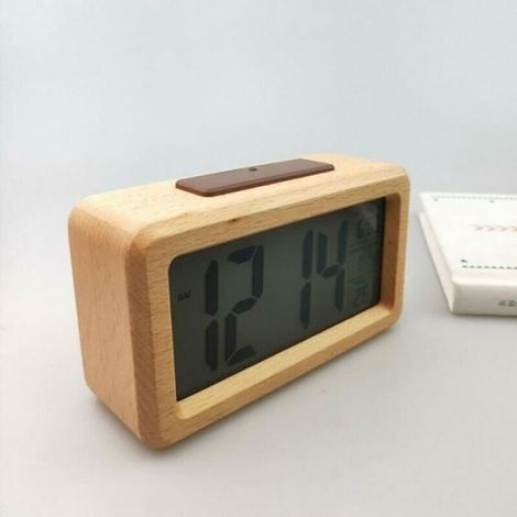 Radio Réveil - Bois Massif Bambou - Thermomètre Intégré - Calendrier Numérique - Fonction Snooze - 1 Pièce (1/4)