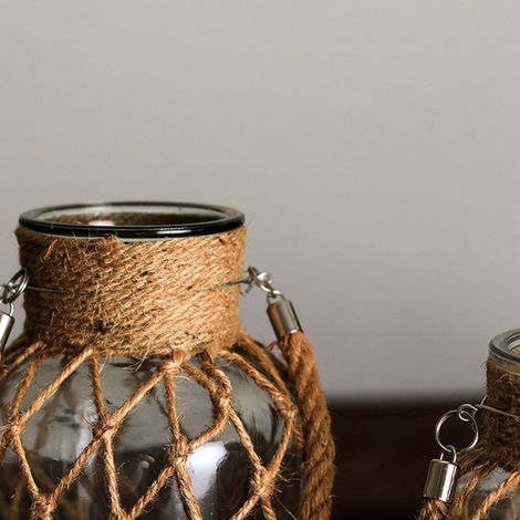 Vase décoratif américain en corde de chanvre tressée à la main, transparent et en verre. Vase hydroponique rétro créatif, 1 pièce. (1/5)