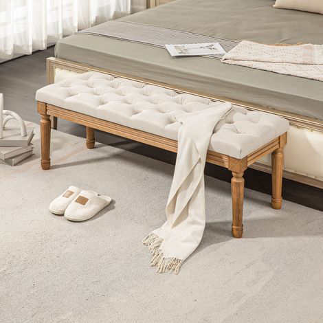 Banc rembourré avec coutures boutonnées, 120x41x48cm, banc de lit, design vintage, blanc crème