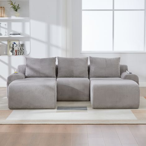 Canapé modulaire en velours côtelé 3 places (avec 2 poufs), combinable librement, avec porte-gobelet et poche de rangement latérale, idéal pour le salon, la salle familiale et d'autres pièces. Gris cl