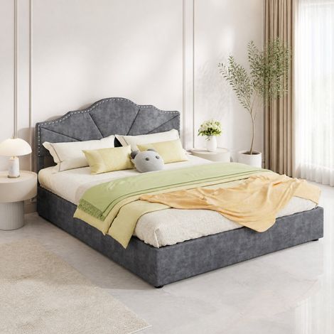Letto matrimoniale 160x200 cm, con rete a doghe, in tessuto grigio, per camera da letto, senza materasso (1/5)