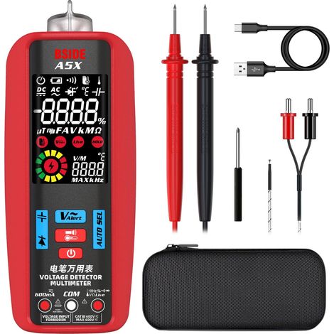 BSIDE Multímetro Digital Inteligente LCD Color Polímetro Automático con Medidor de Temperatura Probador de Corriente Voltaje Capacidad Ohm Hz Diodo Continuidad VFD con Estuche y Batería Recargable