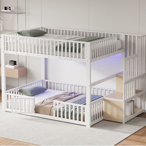 Cama litera 140x200 cm con escalera de almacenamiento, con LED, en metal, blanco, sin colchón (1/5)