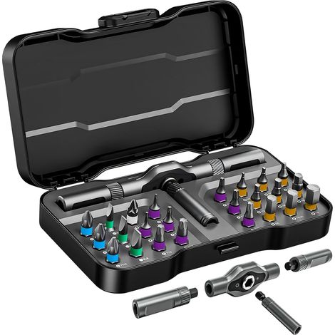 Tournevis à cliquet 24 en 1 - Kit tournevis magnétique de précision avec 24 embouts S2, poignée en aluminium amovible, outils de réparation pour meubles, bricolage, PC - Compact et portable (1/5)
