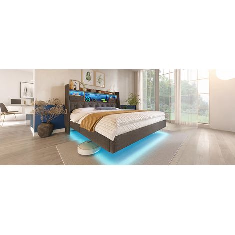 Polsterbett 180x200 cm Grau mit LED, Ladefunktion und Stauraum, ohne Matratze – MEUBLIV (1/5)