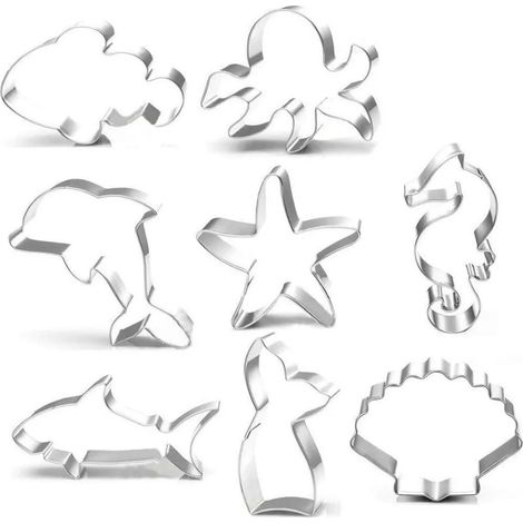 Set di 8 formine per biscotti a forma di creature marine, in acciaio inossidabile, ideali per la cottura. (1/5)