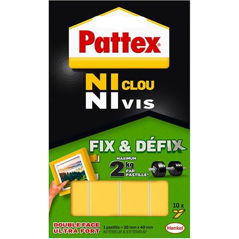 Pattex Ni Clou Ni Vis Fix & Défix, Adhésif blanc surpuissant, Adhésif double face démontable, fixe les objets solidement et durablement, 10 pastilles de 20 x 40 mm