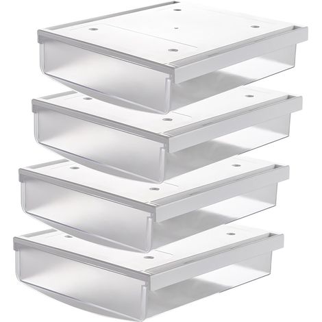 4X 1,7L Tiroirs Sous Bureau, 21x18x5,4cm Autocollant Boîte à Tiroirs Cachée Organisateur Rangement pour Bureau/Meuble/Bibliothèque/Armoire de Cuisine, 4 Unités Givré Translucide TKD8608 (1/5)