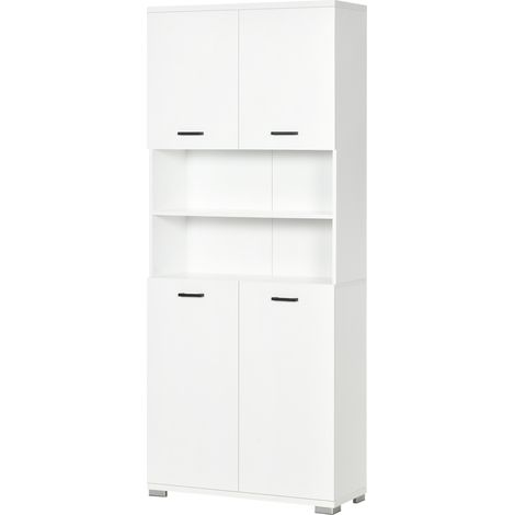 Meuble de salle de bain en panneaux de particules blancs avec 2 placards à portes et 2 étagères ouvertes, 80 x 33,5 x 190 cm (1/5)