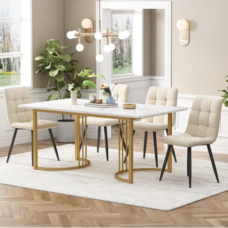 MEUBLIV Ensemble table et 4 chaises 140x80 cm blanc et beige pieds métal réglables (1/5)