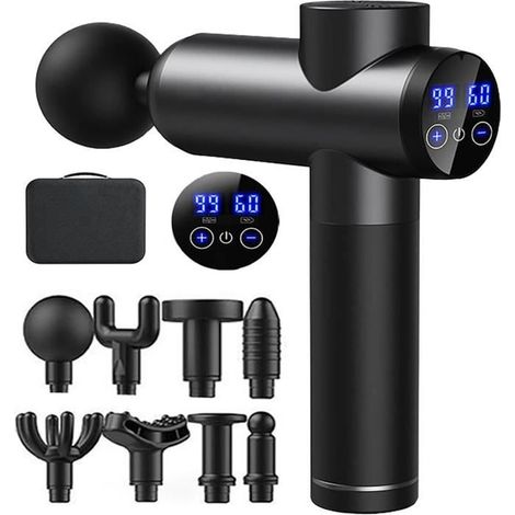 Pistolet de massage musculaire électrique portable - 99 vitesses - 8 têtes - Noir (1/4)