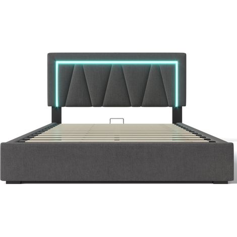 Letto contenitore imbottito 160x200 in lino grigio con LED USB Type C e testiera regolabile MODENUIT (1/5)