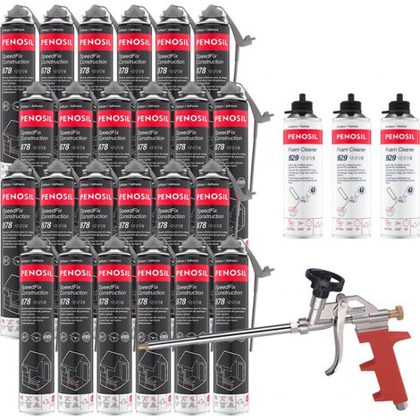 Pack 24 Mousses colle univ SpeedFix Construction 878 pistolable 690ml PENOSIL + 3 Nettoyants FoamCleaner 929 500ml + Pistolet (1/4)
