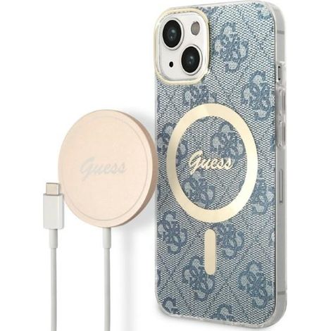 Funda Guess GUBPP14MH4EACSB + Cargador para iPhone 14 Plus / 15 Plus de 6.7 pulgadas, color azul/azul, carcasa rígida, 4G, estampado, MagSafe. (1/5)