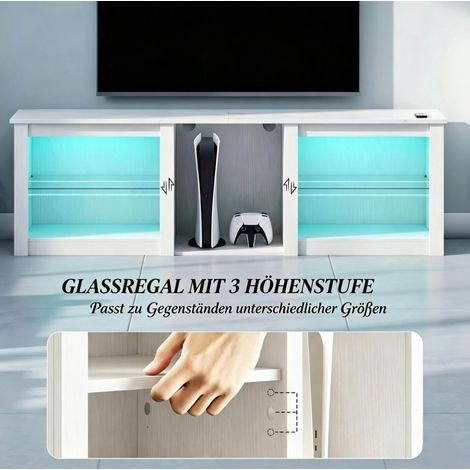 Meuble TV blanc avec éclairage LED pour téléviseur jusqu'à 70 pouces, 160 cm avec étagères en verre réglables (1/5)