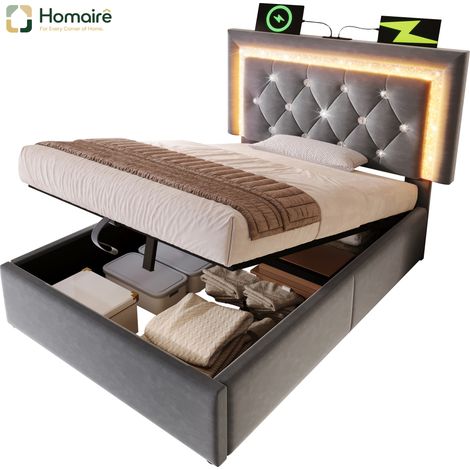 Cadre de lit en velours gris avec rangement et port USB 209 x 101 x 104 cm HOMAIRE (1/5)