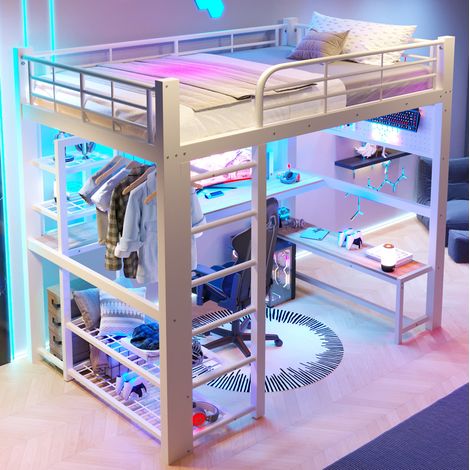 Cama alta 204x145x180 cm, con escritorio, estanterías y barra para ropa, metal blanco (1/5)