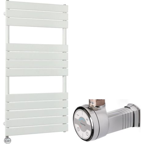 Milano Lustro Electric - Modern White Flat Panel Heated Towel Rail Radiator with Thermostatic Heating Element and Cable Cover - 1200mm x 600mm (1/5)