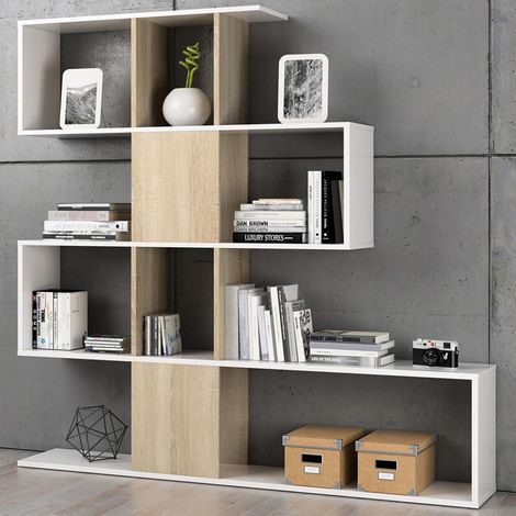 Libreria Design Moderna Scaffale 4 Ripiani 145x29x145 Casa Ufficio Bianco Rovere (1/5)