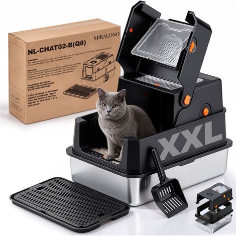 Bac à Litière pour Chat INOX XXL 3 en 1 - 60x40x38cm – avec Couvercle Amovible, 2 Entrées, Marche Anti-Litière avec Bac Récupérateur, Bords Hauts Anti-Éclaboussures, Pelle Incluse et Filtre à Charbon