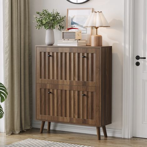 Meuble à chaussures de 80 cm de haut, couleur noyer, rangement à chaussures vertical avec surface cannelée verticale, chaussures de style médiéval, adapté aux couloirs, passages et entrées. (1/4)