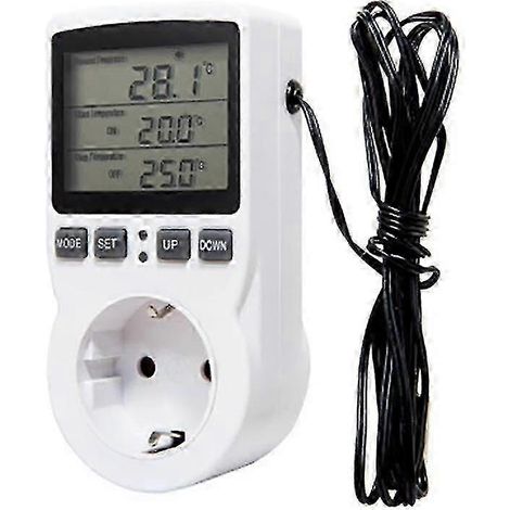 Contrôleur de température numérique avec prise secteur (norme UE), thermostat avec minuterie et sonde de température, fonctions chauffage et refroidissement.