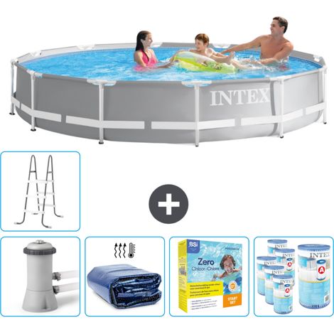 Intex Round Prism Frame Swimming Pool – 366 x 76 cm – Grau – Inklusive Zubehör CB27