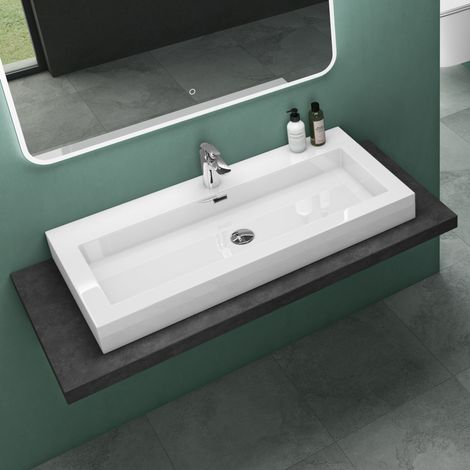Mai & Mai Vasque à poser lavabo suspendu blanc 100cm résine rectangulaire avec perçage pour robinet lave mains avec trop-plein Col818 100x48x10cm (1/5)