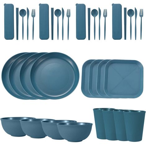 Service de table portable en paille de blé (bols, assiettes et tasses), couteau, fourchette, cuillère et baguettes portugaises. Ensemble de 36 pièces. (1/5)
