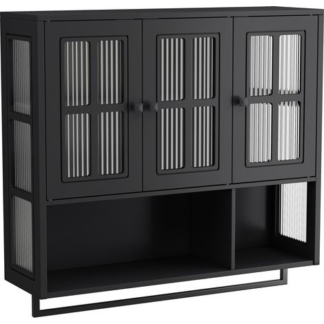 Armadio da bagno a muro nero con 3 ante, MDF e vetro temperato, 88 x 26 x 82,5 cm (1/5)