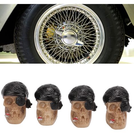 Universelle, schädelförmige Ventilkappen für Autos, Lkw, Fahrräder, Motorräder und Reifen (4er-Set, einäugiger Pirat) – Schwarz (1/5)