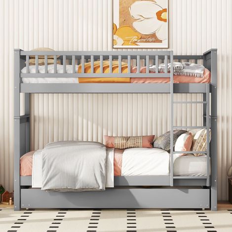 Lit superposé 90x200 cm avec sommier inclus, 3 couchages avec lit gigogne, escalier sécurisé, barrières de protection, sans matelas, gris (1/5)