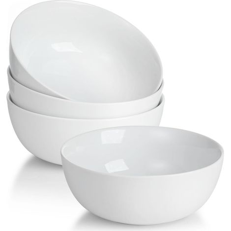 Ensemble de 4 Bols à Petit-Déjeuner en Céramique, Bols à Soupe Blancs 600 ml, Bols Empilables de 15 cm pour Céréales, Idéals pour Desserts, Salades, Riz ou Fruits (1/4)