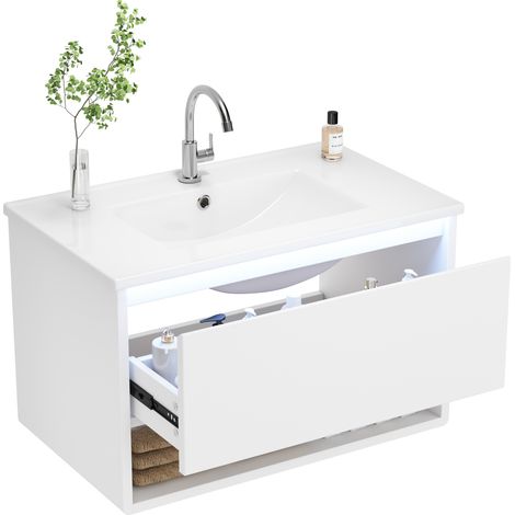 Meuble sous-vasque suspendu 76.5×46×45cm, entièrement laqué, lampe LED à capteur de mouvement radar, tiroir simple, niche de rangement ouverte, glissières silencieuses, lavabo monobloc, blanc