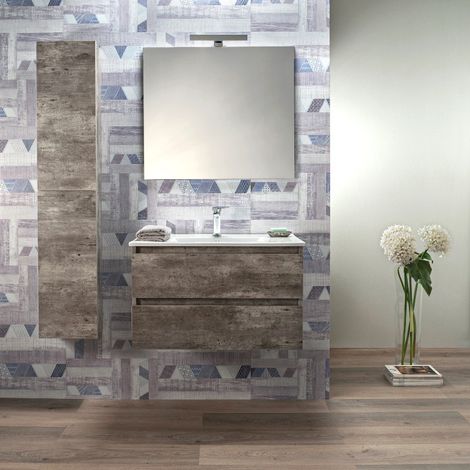 Mobile Bagno Sospeso Grigio Cemento 80 Cm con Colonna Lavabo e Specchio (1/4)