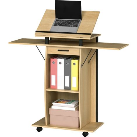 Bureau présentoir podium roulant pupitre avec ailes latérales pliables table pour ordinateur portable tiroir étagère aspect chêne (1/5)