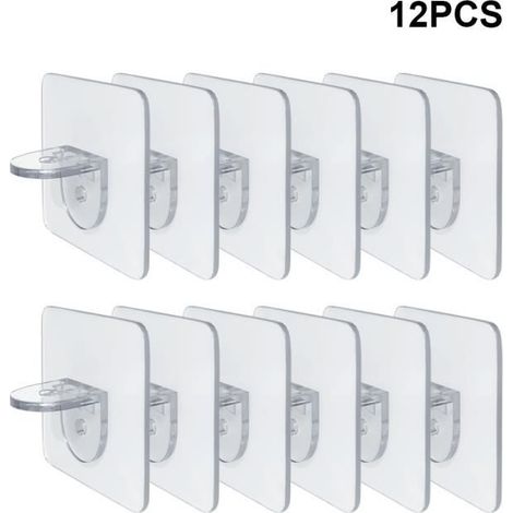 12 pièces chevilles de support d\'étagère adhésives sans poinçon clair placard armoire étagère chevilles cintres muraux (1/3)