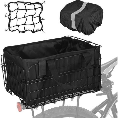 Folding bicycle rear basket with lining, rain cover, mesh bag and mounting accessories, 37.5 x 26 x 22.7 cm (1/5)