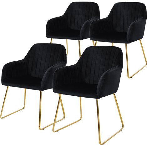 ML-Design Juego de 4x Sillas de Comedor Negras Asiento Ergonómico Acolchado Tapizado de Terciopelo, Patas de Metal Dorado Sillón de Diseño Moderno para Mesa de Salón Escritorio Dormitorio o Cocina (1/5)