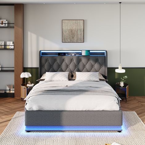 Lit double rembourré, fonction LED 360°, bouton/application/télécommande, 140200 cm, tissu lin gris, lit coffre hydraulique, tête de lit rembourrée avec fonction de charge USB Type-C (sans matelas)