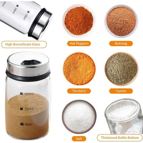 Set di 2 barattoli per spezie da 150 ml con coperchi girevoli e 4 tipi di fori di versamento regolabili, saliere e pepiere in vetro borosilicato, barattoli per la conservazione di sali da cucina, barb