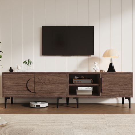 Mobile porta TV basso per soggiorno, 180x35x49 cm, 3 ante e vano a giorno, maniglie semi-incassate.-Pezzi circolari assemblati, finitura noce scuro (1/5)