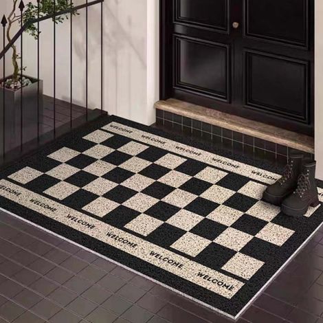 LAN Motif à carreaux noirs et blancs, 4060cm (boucle de soie). Tapis d'entrée, tapis en soie bouclée résistant aux taches et facile à nettoyer, tapis antidérapant pour l'entrée. (1/5)
