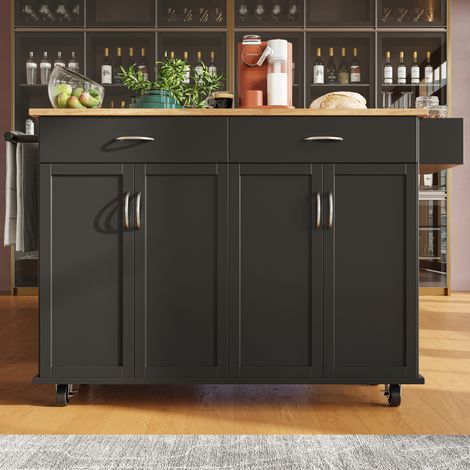 Carrello da cucina su ruote 106x50x90,5 cm con vassoio ribaltabile, 2 cassetti, in MDF, nero (1/5)