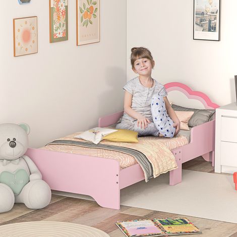 Kinderbett 70x140 cm mit Absturzsicherung und Lattenrost, wolkenförmigem Kopfteil, Rosa