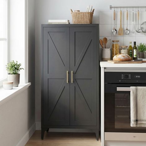 Colonne de rangement métallique noir 60x30x120cm, 2 portes, étagères ajustables, multi-usages cuisine bureau (1/5)